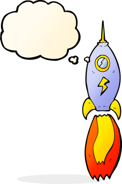 Bir insan tarafından çizilmiş düşünce baloncuklu çizgi roket.