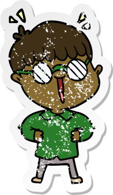 Bir insan tarafından çizilmiş gözlük takan çizgi film karakterinin sıkıntılı çıkartması.