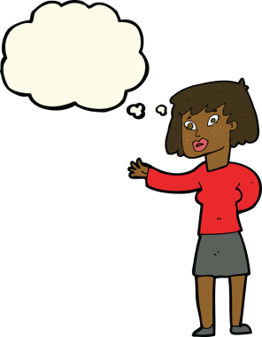 Bir insan tarafından çizilen düşünce baloncuğuyla açıklayan çizgi film kadını.