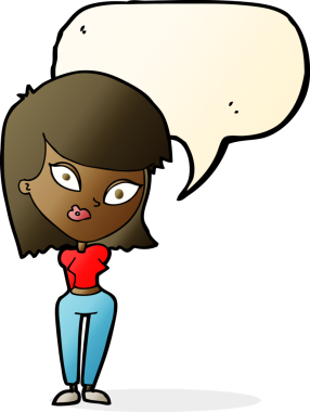 Bir insan tarafından çizilmiş konuşma balonu olan kafası karışık bir kadın çizgi filmi.