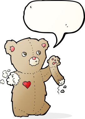 Bir insan tarafından çizilmiş konuşma balonlu yırtık kollu çizgi film ayısı.