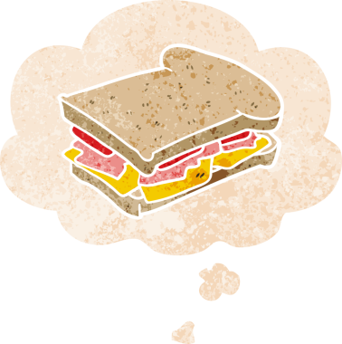 Düşünce baloncuklu jambonlu çizgi film sandviçi bir insan tarafından çizilmiş dertli retro tarzı.