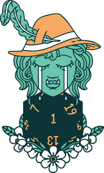 Retro Dövme Tarzı Hüzünlü yarım Ork Ozan Karakteri Bir insan tarafından çizilmiş doğal bir d20 rulo