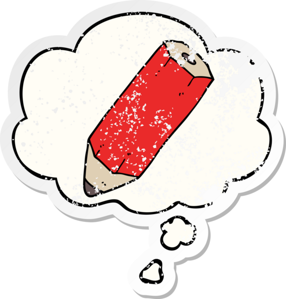Düşünce baloncuklu çizgi film kalemi, insan tarafından çizilmiş, yıpranmış bir çıkartma gibi.