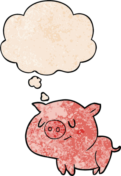 Bir insan tarafından çizilmiş grunge desenli düşünce baloncuklu çizgi film domuzu.