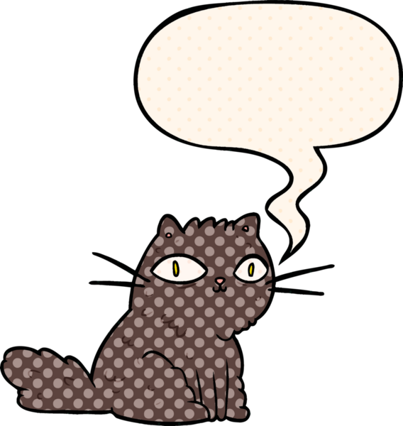 Çizgi roman tarzında bir insan tarafından çizilmiş bir konuşma balonuyla sana bakan çizgi film kedisi.