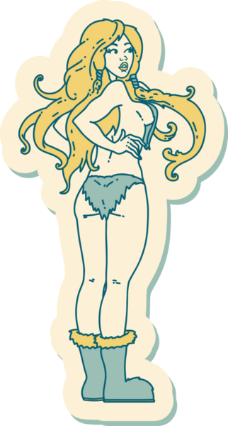 Geleneksel stil dövme çıkartması. Bir insan tarafından çizilmiş Viking kız resmi.