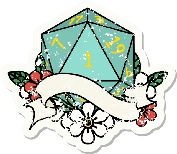 Bir insan tarafından çizilmiş doğal bir d20 zarının grunge çıkartması.