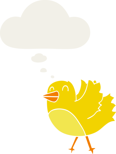 Düşünce baloncuğu olan çizgi film kuşu insan tarafından çizilmiş.