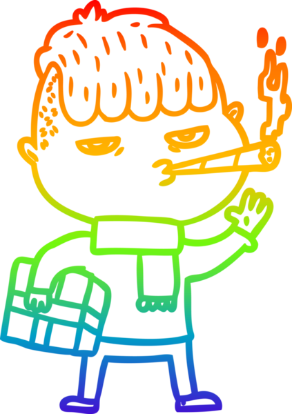 Gökkuşağı gradyan çizgisi insan tarafından çizilmiş noel hediyesini taşıyan sigara içen bir adamın çizimi