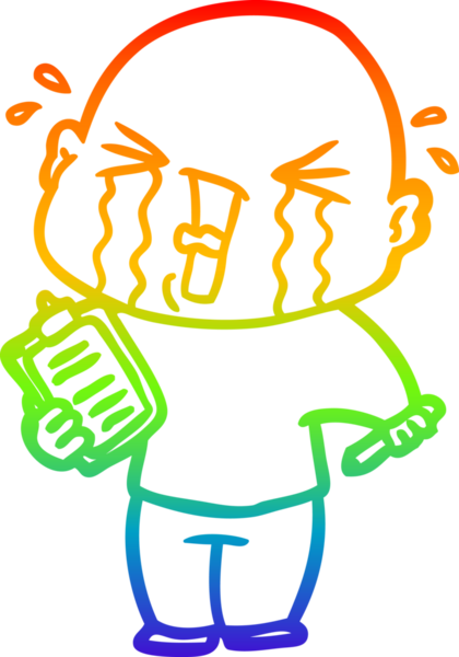 Gökkuşağı gradyan çizgi çizimi bir insan tarafından çizilmiş pano ile ağlayan bir adamın çizimi