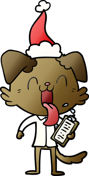 Bir insan tarafından çizilmiş Noel Baba şapkası takan ve nefes nefese kalan bir köpeğin el çizimi karikatürü.