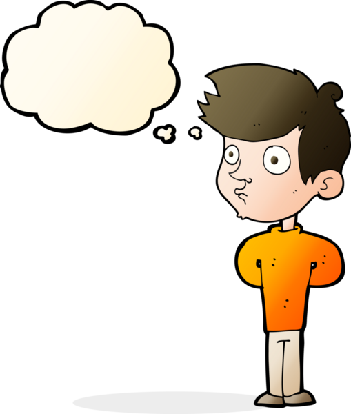 Bir insan tarafından çizilmiş düşünce balonuyla bakan çizgi film çocuğu.