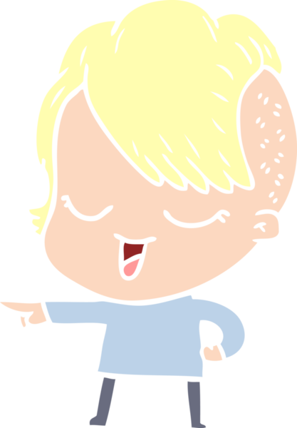 Mutlu düz renkli çizgi film kızı bir insan tarafından çizilmiş.