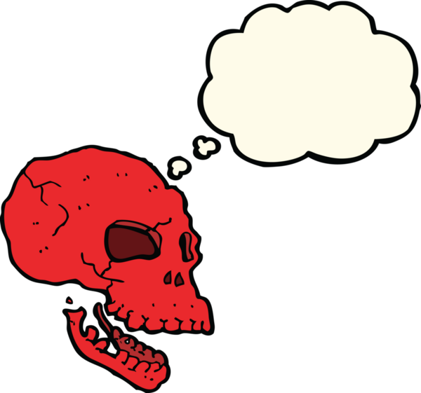 Bir insan tarafından çizilmiş düşünce baloncuklu garip kafatası.