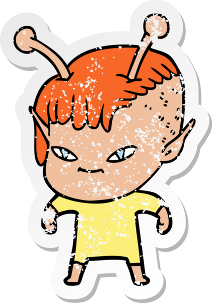 Bir insan tarafından çizilmiş sevimli uzaylı bir kızın sıkıntılı çıkartması.