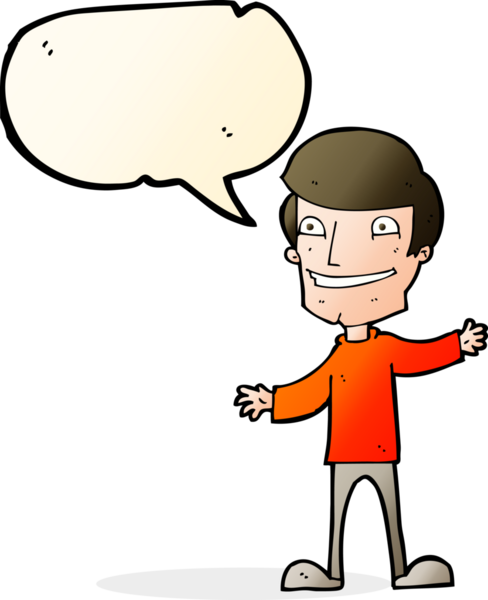 Bir insan tarafından çizilmiş konuşma balonuyla sırıtan çizgi film adamı.