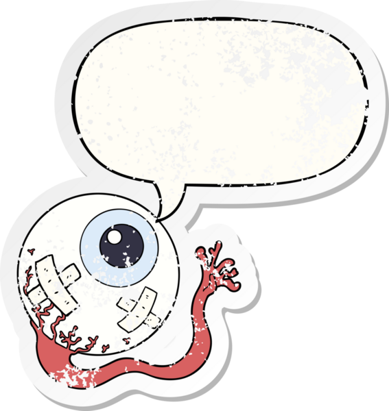 Çizgi filmdeki yaralı göz baloncuğu, bir insan tarafından çizilmiş sıkıntılı eski bir çıkartma.