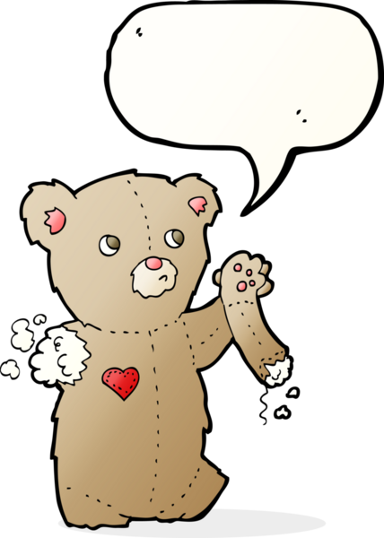 Bir insan tarafından çizilmiş konuşma balonlu yırtık kollu çizgi film ayısı.