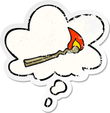 Düşünce baloncuğuyla yanan çizgi film kibriti insan tarafından çizilmiş yıpranmış bir çıkartma gibi.
