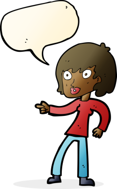 Bir insan tarafından çizilmiş bir konuşma balonuyla işaret eden çizgi film kadını.