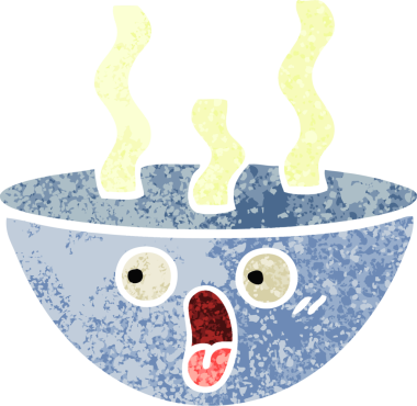 Bir insan tarafından çizilmiş sıcak bir çorba kasesinin retro çizim tarzı karikatürü.