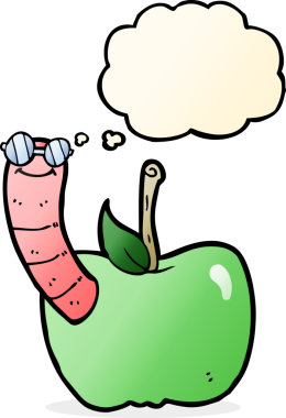 Bir insan tarafından çizilmiş düşünce baloncuğu solucanlı çizgi film elması