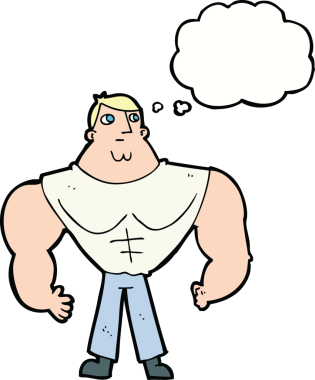 Bir insan tarafından çizilmiş düşünce baloncuğu olan karikatür vücut geliştirici.