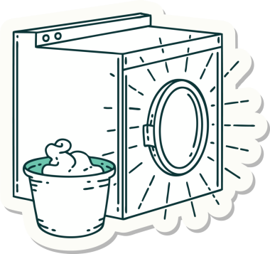 Bir insan tarafından çizilmiş dövme stili çamaşır makinesi çıkartması.