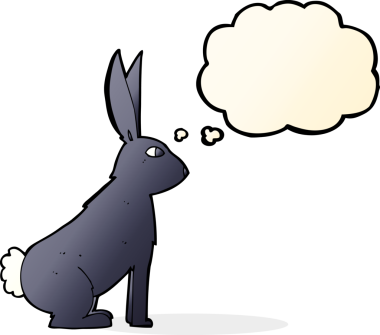 Bir insan tarafından çizilmiş düşünce kabarcığı olan çizgi film tavşanı.