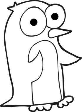 Bir insan tarafından çizilmiş büyük gözlü siyah beyaz penguen çizimi.