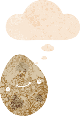 Düşünce baloncuklu çizgi film yumurtası grunge sıkıntılı retro tarzı bir insan tarafından çizilmiş.