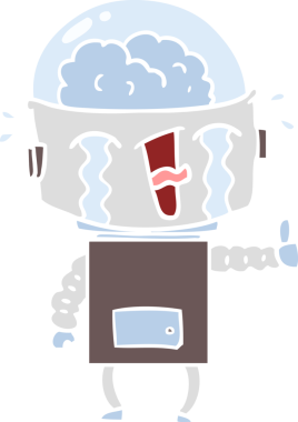 Düz renkli çizgi film ağlayan robot bir insan tarafından çizilmiş jestler yapıyor.