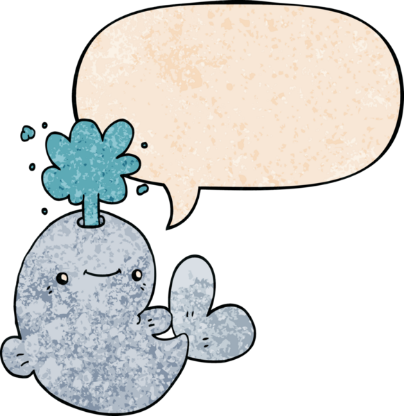 Çizgi film balinası konuşma baloncuğu ile su püskürterek insan tarafından çizilen eski doku tarzında