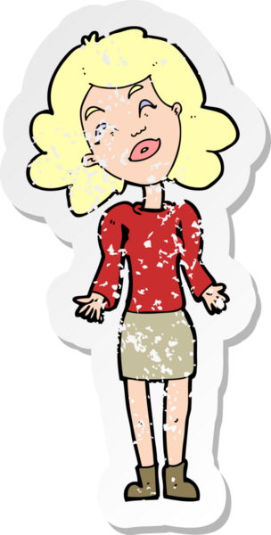 Bir insan tarafından çizilmiş omuzlarını silken karikatürlü bir kadının gerilmiş çıkartması.