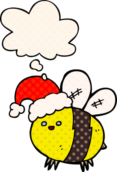 Bir insan tarafından çizilmiş, düşünce baloncuklu Noel şapkası takan sevimli çizgi film arısı.