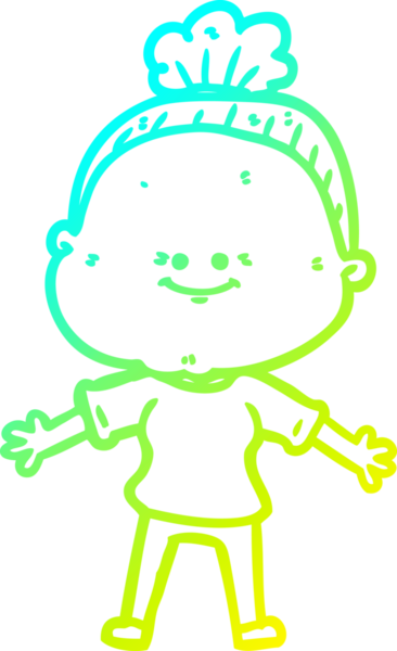 Bir insan tarafından çizilmiş, mutlu, yaşlı bir kadının çizimi.