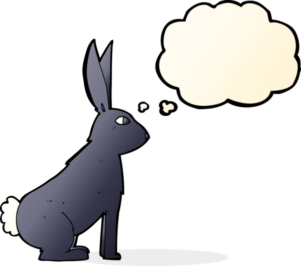 Bir insan tarafından çizilmiş düşünce kabarcığı olan çizgi film tavşanı.