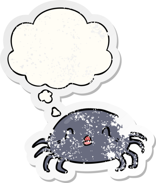 Düşünce baloncuğu olan çizgi film örümceği insan tarafından çizilmiş yıpranmış bir çıkartma.