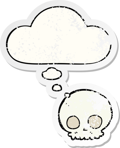 Düşünce baloncuklu karikatür kafatası bir insan tarafından çizilmiş yıpranmış bir çıkartma gibi.