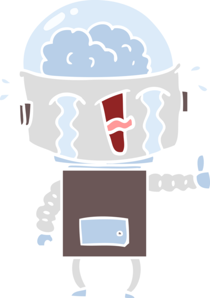 Düz renkli çizgi film ağlayan robot bir insan tarafından çizilmiş jestler yapıyor.