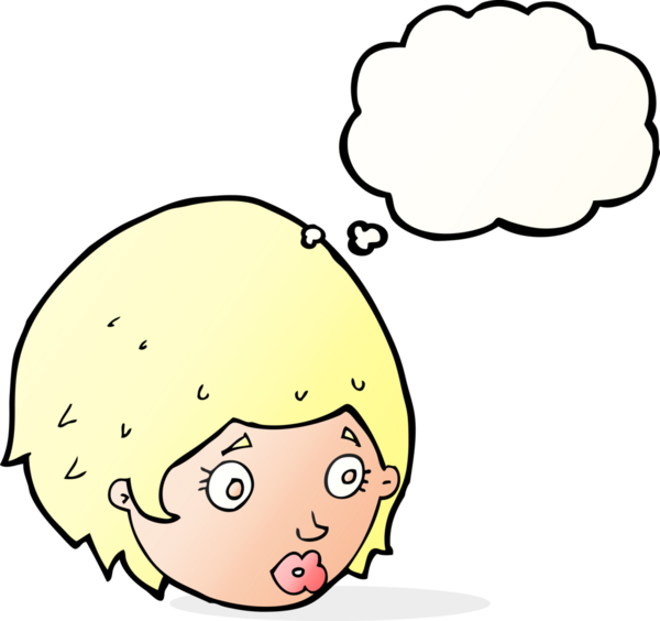 Bir insan tarafından çizilmiş düşünce baloncuğuyla ilgili endişeli bir ifadesi olan çizgi film kızı.