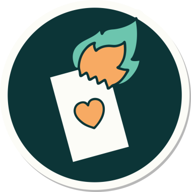 Geleneksel stil dövme çıkartması. Bir insan tarafından çizilmiş alevli kart.