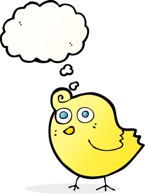 Bir insan tarafından çizilmiş düşünce baloncuklu komik çizgi film kuşu.