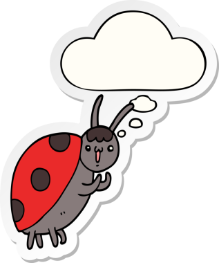 Bir insan tarafından çizilmiş bir çıkartma olarak düşünce balonlu sevimli uğur böceği çizgi filmi.