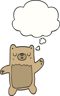 Bir insan tarafından çizilmiş düşünce baloncuklu çizgi film ayısı.