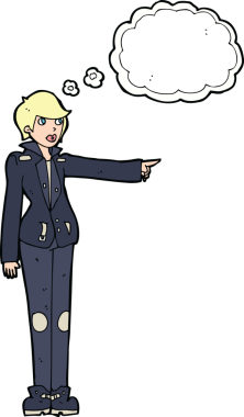 Deri ceketli karikatür kadın bir insan tarafından çizilmiş düşünce balonuyla işaret ediyor.