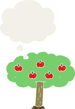 Düşünce baloncuklu çizgi film elma ağacı insan tarafından çizilmiş.