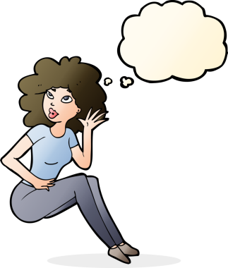 Bir insan tarafından çizilmiş düşünce baloncuğuyla dinleyen çizgi film kadını.