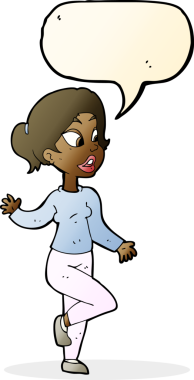 Bir insan tarafından çizilmiş konuşma balonuyla el sallayan karikatür dostu kadın.